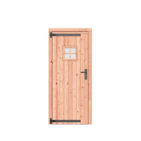 Douglas dichte enkele deur met ruitje 90x201 cm, linksdraaiend, zwarte hengen, zwart beslag, onbehan