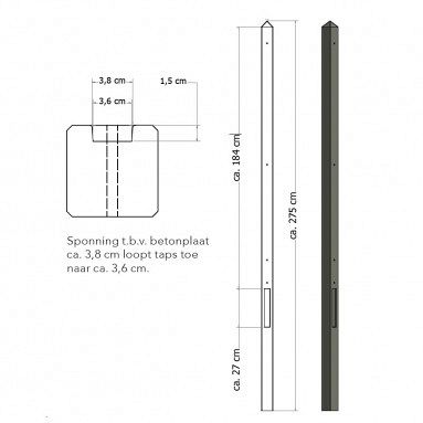 Lichtgewicht betonpaal mdk ongecoat 8,5x8,5x280 cm, eindpaal, antraciet