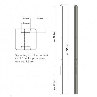 Lichtgewicht betonpaal mdk ongecoat 8,5x8,5x280 cm, tussenpaal, antraciet
