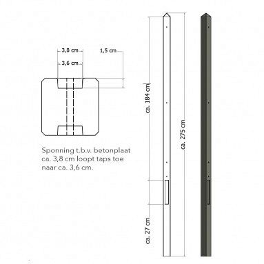 Lichtgewicht betonpaal mdk ongecoat 8,5x8,5x280 cm, tussenpaal, antraciet