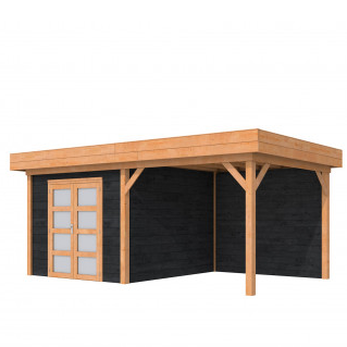 Douglas Topvision Roek, 298 x 298 en luifel 300 cm, wanden zwart geïmpregneerd en basis onbehandeld.