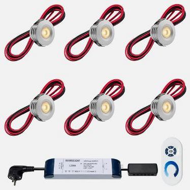 Set spots Pals aluminium, 6 stuks. Inclusief trafo, afstandsbediening en kabel van 5 meter.