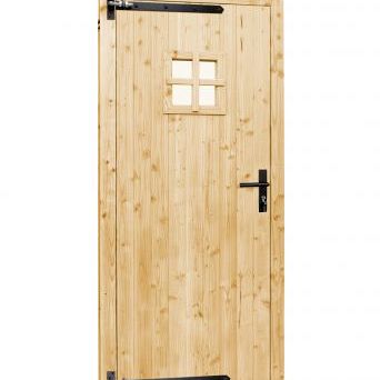 Vuren dichte enkele deur met ruitje 90x201 cm, linksdraaiend, zwarte hengen, zwart beslag, onbehande