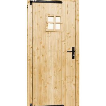 Vuren dichte enkele deur met ruitje 90x201 cm, rechtsdraaiend, zwarte hengen, zwart beslag, onbehand