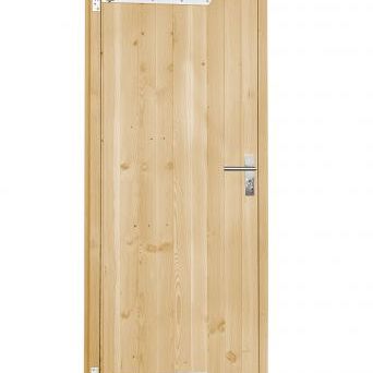Vuren dichte enkele deur 90x201 cm, rechtsdraaiend, verzinkte hengen, RVS beslag, onbehandeld.