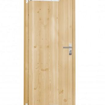 Vuren dichte enkele deur 90x201 cm, rechtsdraaiend, verzinkte hengen, RVS beslag, onbehandeld.