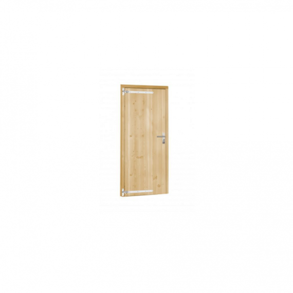 Vuren dichte enkele deur 90x201 cm, linksdraaiend, verzinkte hengen, RVS beslag, onbehandeld.