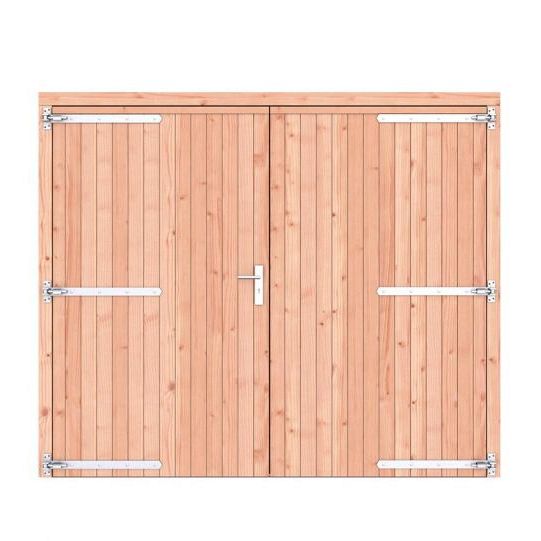 Douglas dichte dubbele deur 250x209 cm, verzinkte hengen, RVS beslag, kleurloos geimpregneerd.