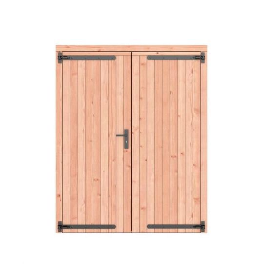 Douglas dichte dubbele deur 168x209 cm, zwarte hengen, zwart beslag, onbehandeld.