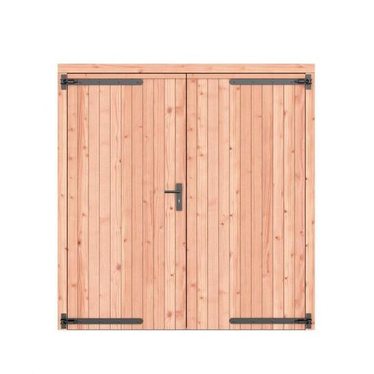 1073199 | Douglas dichte dubbele deur 201x209 cm, zwarte hengen, zwart beslag, onbehandeld.