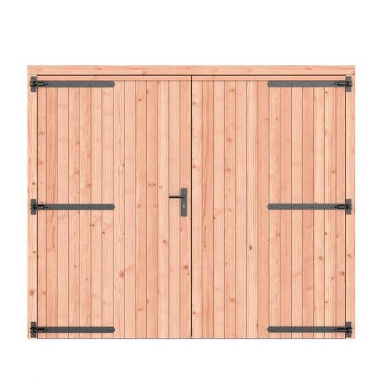 Douglas dichte dubbele deur 250x209 cm, zwarte hengen, zwart beslag, onbehandeld.
