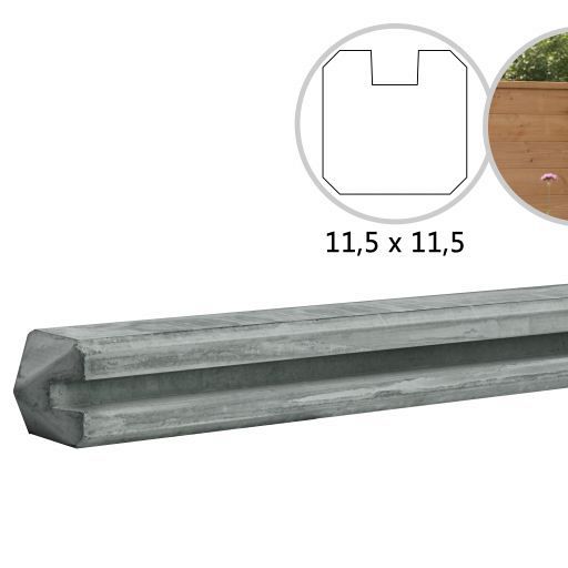 Betonpaal met sleuf en diamant kop t.b.v. schutting 11,5 x 11,5 x 278 cm, grijs eindpaal, ongecoat.