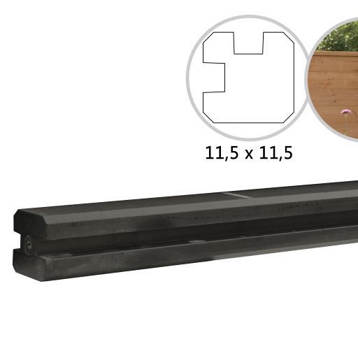 Betonpaal met sleuf en platte kop t.b.v. schutting 11,5 x 11,5 x 277 cm, antraciet hoekpaal, gecoat.