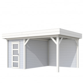 Vuren Topvision Kiekendief, 200 x 300 en luifel 300 cm, wanden lichtgrijs en basis wit.