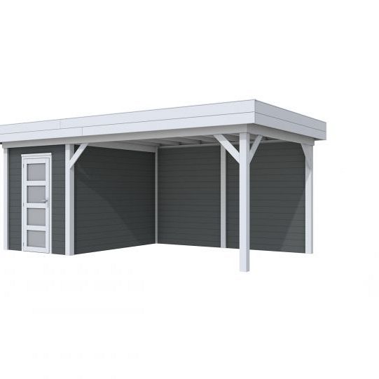 Vuren Topvision Kiekendief, 200 x 300 en luifel 400 cm, wanden antraciet en basis lichtgrijs.