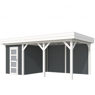 Vuren Topvision Kiekendief, 200 x 300 en luifel 400 cm, wanden antraciet en basis wit.