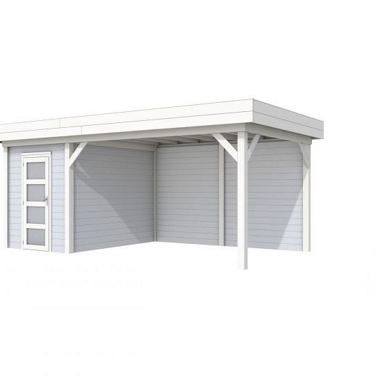 Vuren Topvision Kiekendief, 200 x 300 en luifel 400 cm, wanden lichtgrijs en basis wit.