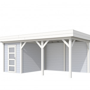 Vuren Topvision Kiekendief, 200 x 300 en luifel 400 cm, wanden lichtgrijs en basis wit.