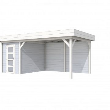 Vuren Topvision Kiekendief, 200 x 300 en luifel 400 cm, wanden lichtgrijs en basis wit.