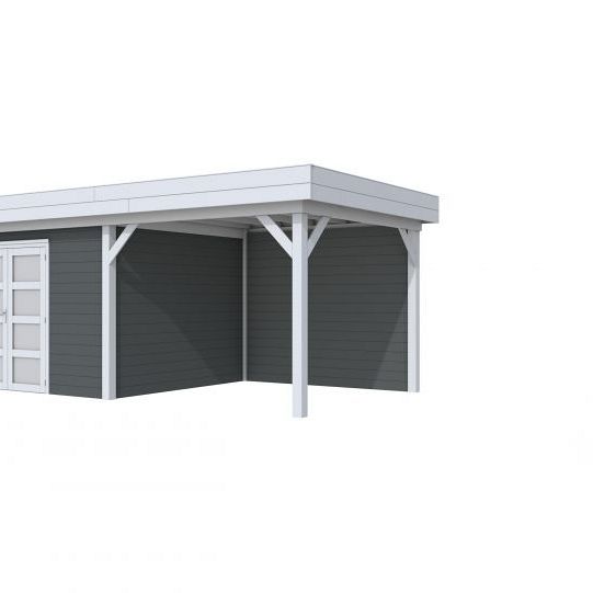 Vuren Topvision Parelhoen, 400 x 300 en luifel 300 cm, wanden antraciet en basis lichtgrijs.