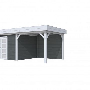 Vuren Topvision Parelhoen, 400 x 300 en luifel 300 cm, wanden antraciet en basis lichtgrijs.