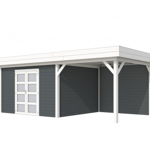 Vuren Topvision Parelhoen, 400 x 300 en luifel 300 cm, wanden antraciet en basis wit.