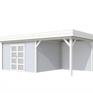 Vuren Topvision Parelhoen, 400 x 300 en luifel 300 cm, wanden lichtgrijs en basis wit.
