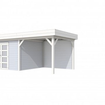 Vuren Topvision Parelhoen, 400 x 300 en luifel 300 cm, wanden lichtgrijs en basis wit.