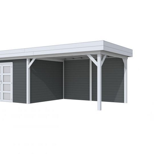 Vuren Topvision Parelhoen, 400 x 300 en luifel 400 cm, wanden antraciet en basis lichtgrijs.