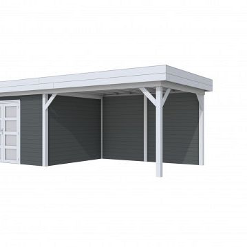 Vuren Topvision Parelhoen, 400 x 300 en luifel 400 cm, wanden antraciet en basis lichtgrijs.