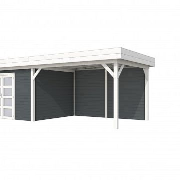 Vuren Topvision Parelhoen, 400 x 300 en luifel 400 cm, wanden antraciet en basis wit.