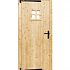 Vuren dichte enkele deur met ruitje 90x201 cm, linksdraaiend, zwarte hengen, zwart beslag, onbehande