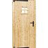 Vuren dichte enkele deur met ruitje 90x201 cm, rechtsdraaiend, zwarte hengen, zwart beslag, onbehand