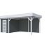 Vuren Topvision Kiekendief, 200 x 300 en luifel 400 cm, wanden antraciet en basis lichtgrijs.