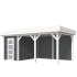 Vuren Topvision Kiekendief, 200 x 300 en luifel 400 cm, wanden antraciet en basis wit.