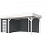Vuren Topvision Kiekendief, 200 x 300 en luifel 400 cm, wanden antraciet en basis wit.