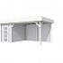 Vuren Topvision Kiekendief, 200 x 300 en luifel 400 cm, wanden lichtgrijs en basis wit.