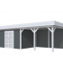 Vuren Topvision Parelhoen, 400 x 300 en luifel 400 cm, wanden antraciet en basis lichtgrijs.