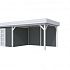 Vuren Topvision Parelhoen, 400 x 300 en luifel 400 cm, wanden antraciet en basis lichtgrijs.