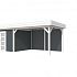 Vuren Topvision Parelhoen, 400 x 300 en luifel 400 cm, wanden antraciet en basis wit.